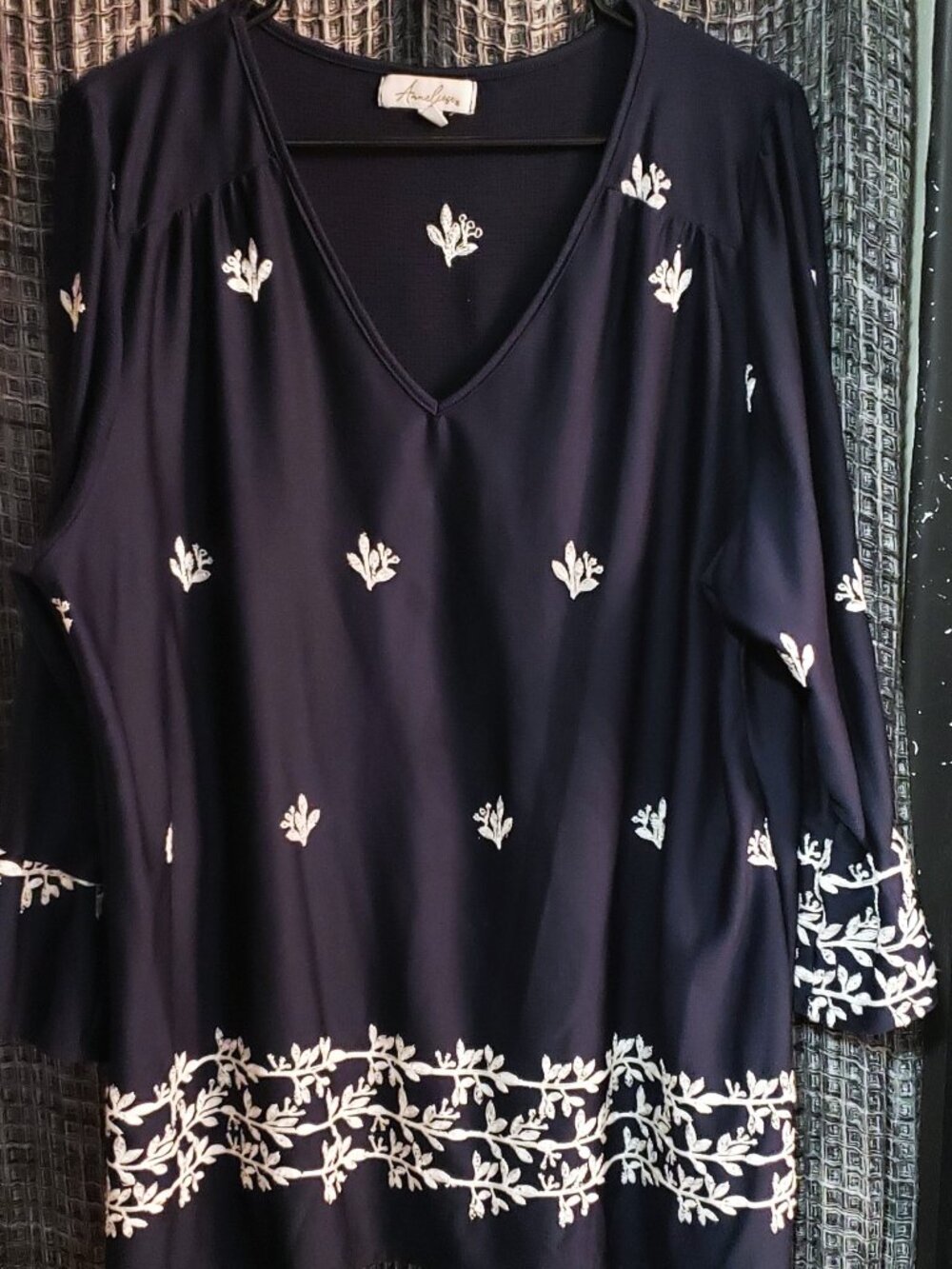 ANNELIESE DARK BLUE WITH WHITE EMBROIDERY TUNIC BLOUSE 2X